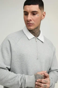 Cheap boohooMAN Tall Oversized Boxy Polo Sweatshirt in grey