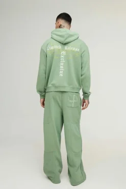Online boohooMAN Tall Oversized Boxy Seam Detail Limited Hooded Wide Fit Tracksuit green