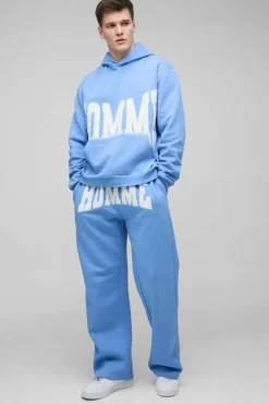 Outlet boohooMAN Tall Oversized Boxy Twill Applique Contrast Stitch Hooded Tracksuit light blue