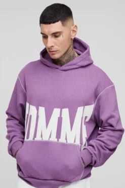 Best Sale boohooMAN Tall Oversized Boxy Twill Applique Contrast Stitch Hoodie purple