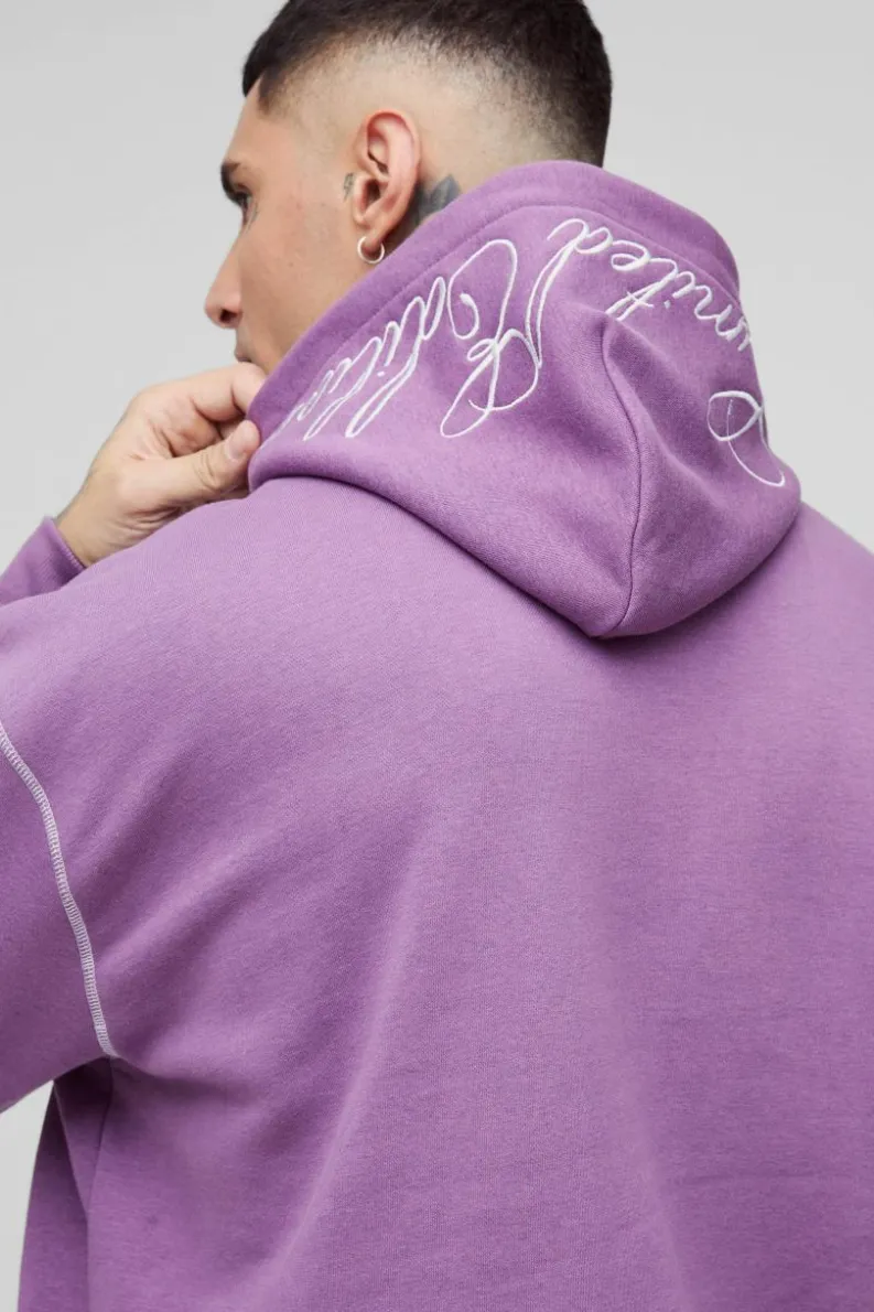 Best Sale boohooMAN Tall Oversized Boxy Twill Applique Contrast Stitch Hoodie purple