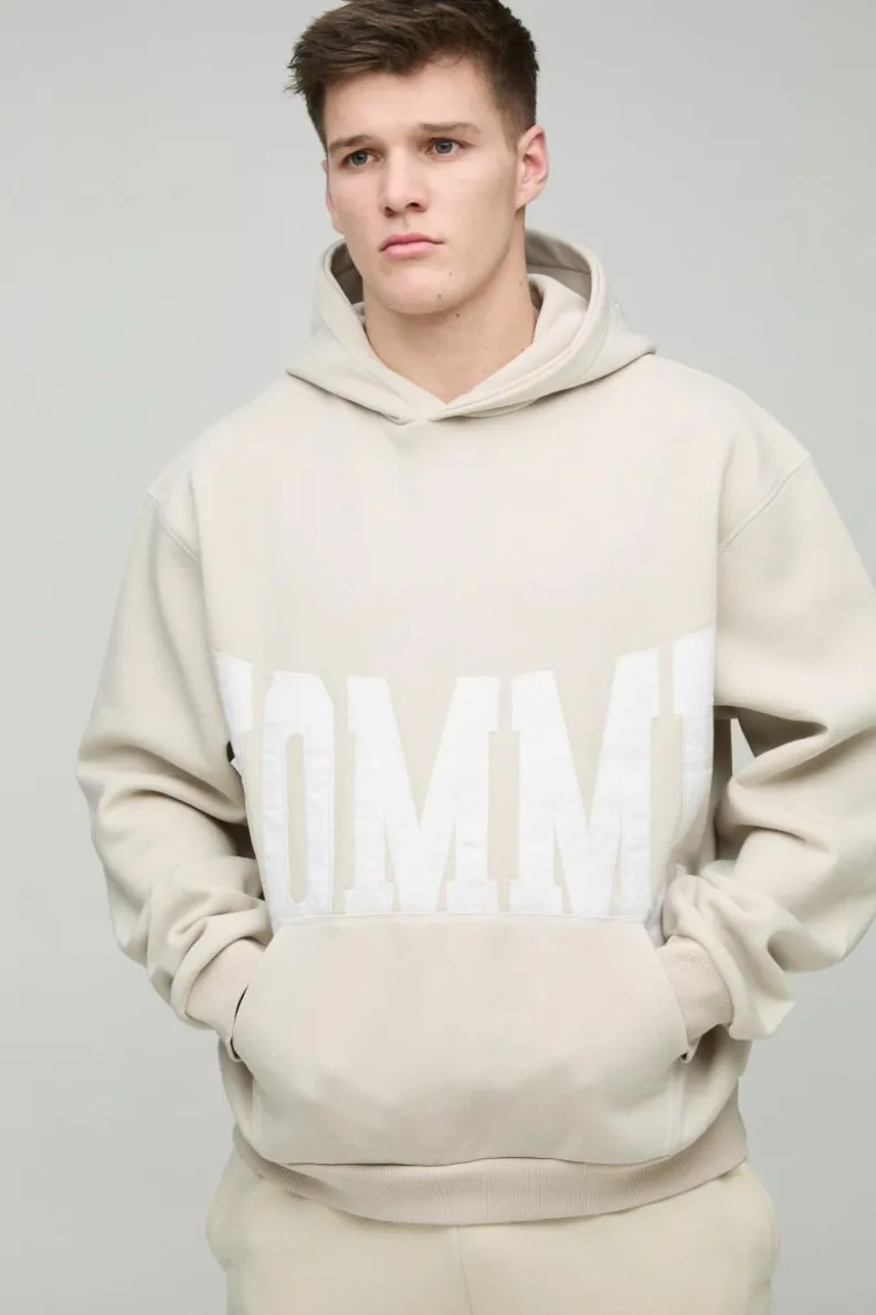 Shop boohooMAN Tall Oversized Boxy Twill Applique Contrast Stitch Hoodie stone