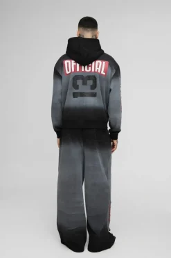 Clearance boohooMAN Tall Oversized Boxy Zip Thru Official Spray Wash Hooded Wide Leg Tracksuit black