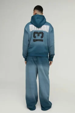 Discount boohooMAN Tall Oversized Boxy Zip Thru Official Spray Wash Hooded Wide Leg Tracksuit navy
