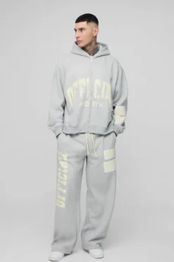 Best Sale boohooMAN Tall Oversized Boxy Zip Thru Rhinestone Applique Hooded Tracksuit grey