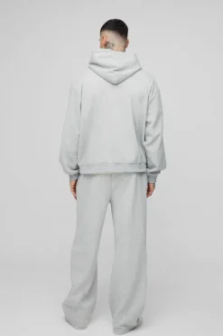 Best Sale boohooMAN Tall Oversized Boxy Zip Thru Rhinestone Applique Hooded Tracksuit grey