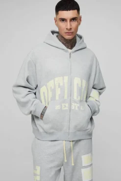Best Sale boohooMAN Tall Oversized Boxy Zip Thru Rhinestone Applique Hooded Tracksuit grey