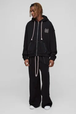 Shop boohooMAN Tall Oversized Boxy Zip Thru Seam Detail Hooded Tracksuit black