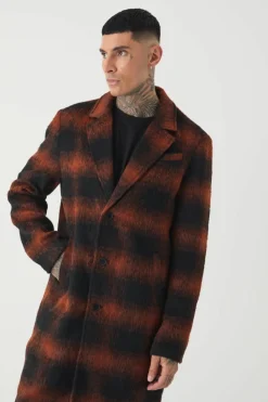 Cheap boohooMAN Tall Oversized Brushed Check Overcoat In brown