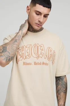 Sale boohooMAN Tall Oversized Chicago Print T-shirt sand