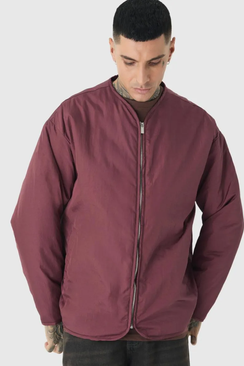 Sale boohooMAN Tall Oversized Collarless Padded Bomber Jacket In wine