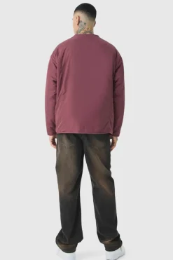 Sale boohooMAN Tall Oversized Collarless Padded Bomber Jacket In wine