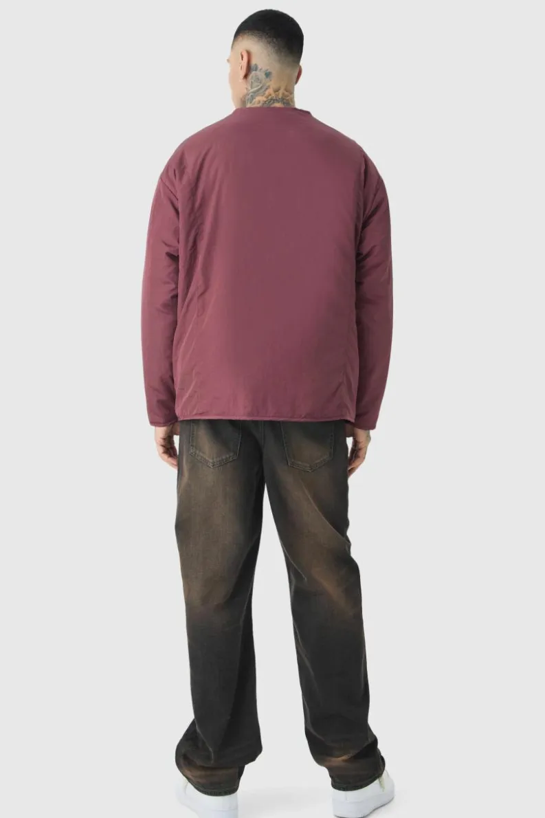 Sale boohooMAN Tall Oversized Collarless Padded Bomber Jacket In wine