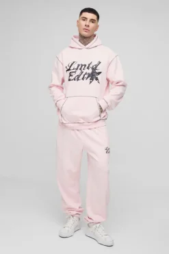 New boohooMAN Tall Oversized Contrast Stitch Lmted Hooded Tracksuit pink