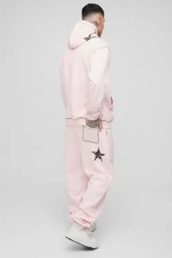 New boohooMAN Tall Oversized Contrast Stitch Lmted Hooded Tracksuit pink