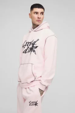 New boohooMAN Tall Oversized Contrast Stitch Lmted Hooded Tracksuit pink