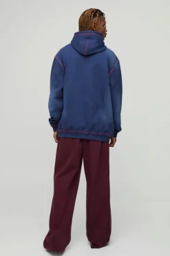 Discount boohooMAN Tall Oversized Contrast Stitch Lmted Spray Wash Hoodie navy