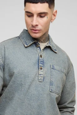 Best Sale boohooMAN Tall Oversized Denim Rugby Shirt antique wash