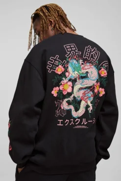 Best Sale boohooMAN Tall Oversized Dragon Floral Graphic Extended Neck Sweatshirt black