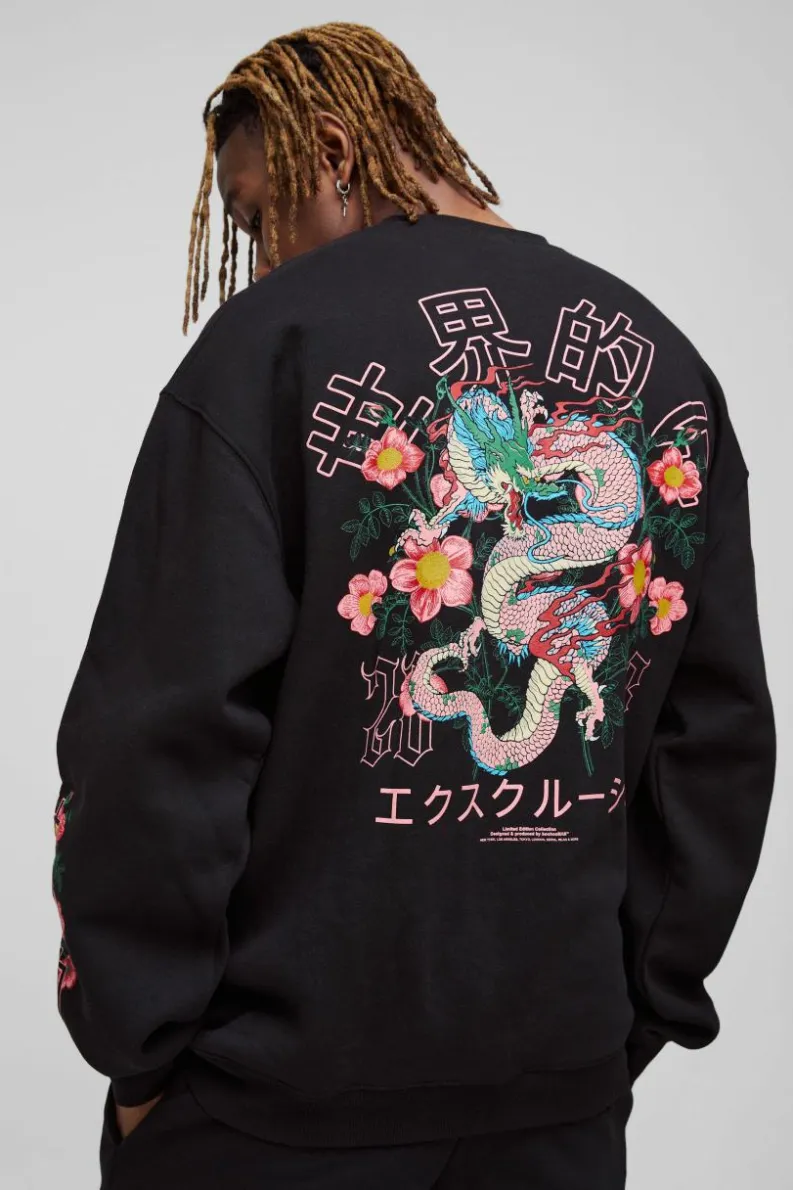 Best Sale boohooMAN Tall Oversized Dragon Floral Graphic Extended Neck Sweatshirt black