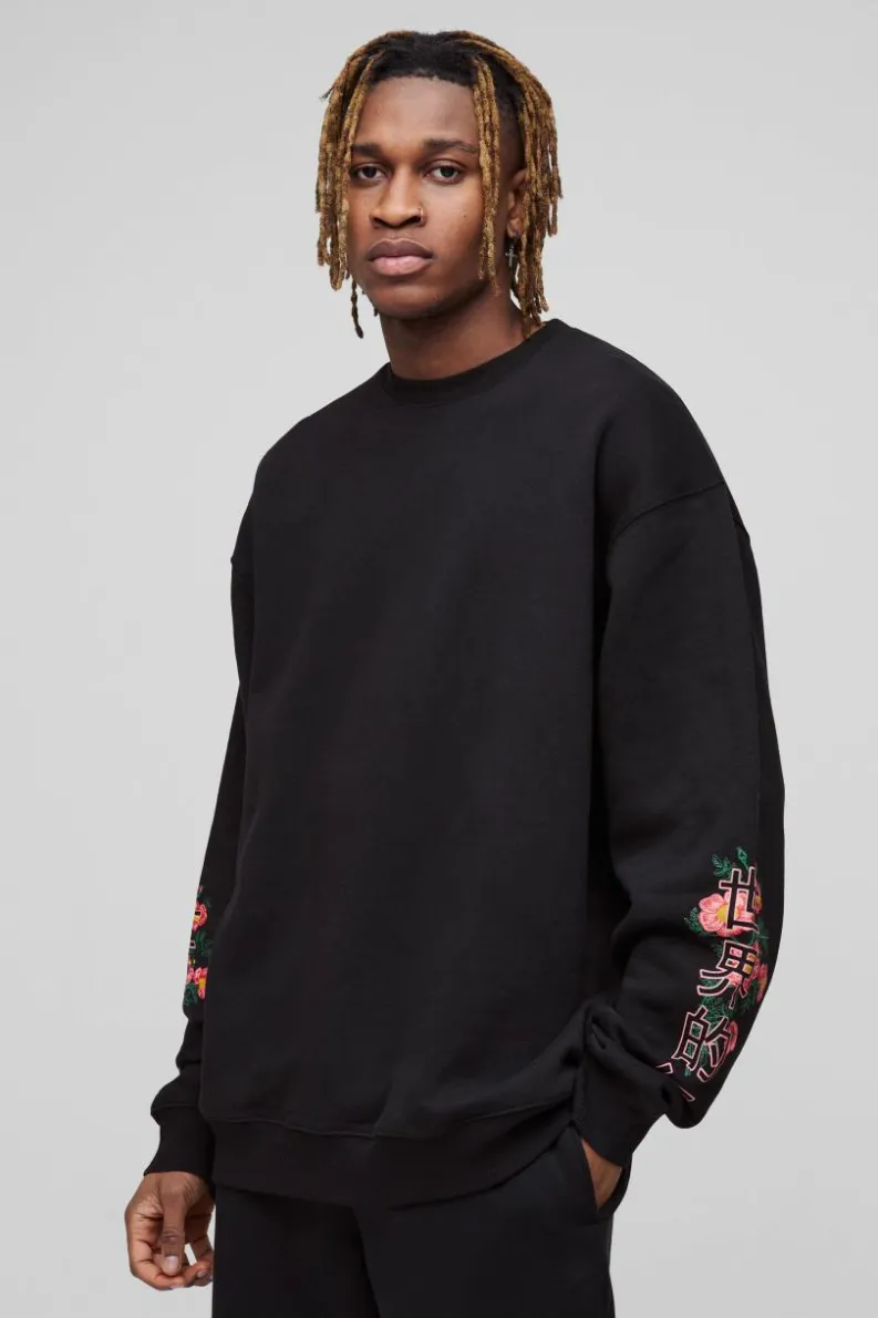 Best Sale boohooMAN Tall Oversized Dragon Floral Graphic Extended Neck Sweatshirt black