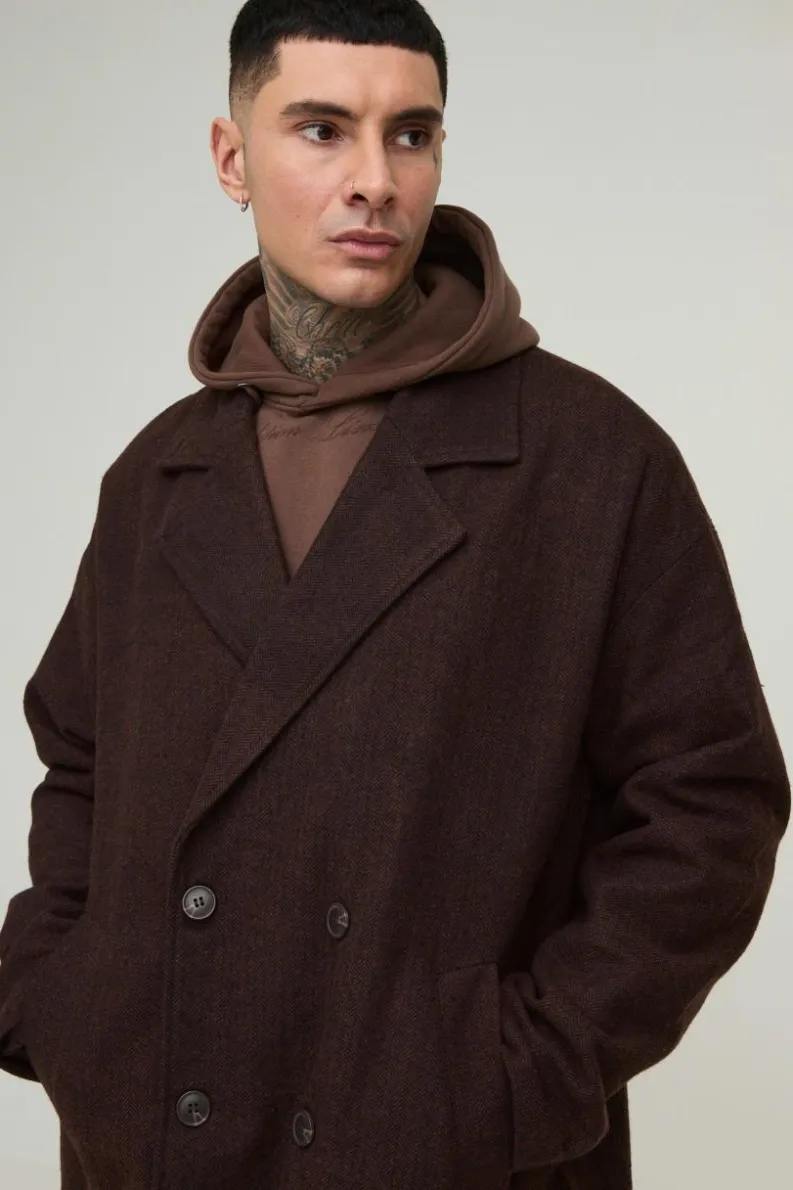 Fashion boohooMAN Tall Oversized Drop Shoulder Herringbone Overcoat In brown