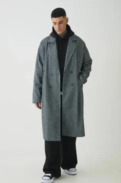 Store boohooMAN Tall Oversized Drop Shoulder Herringbone Overcoat In grey