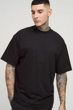 Shop boohooMAN Tall Oversized Extended Neck Basic T-Shirt black