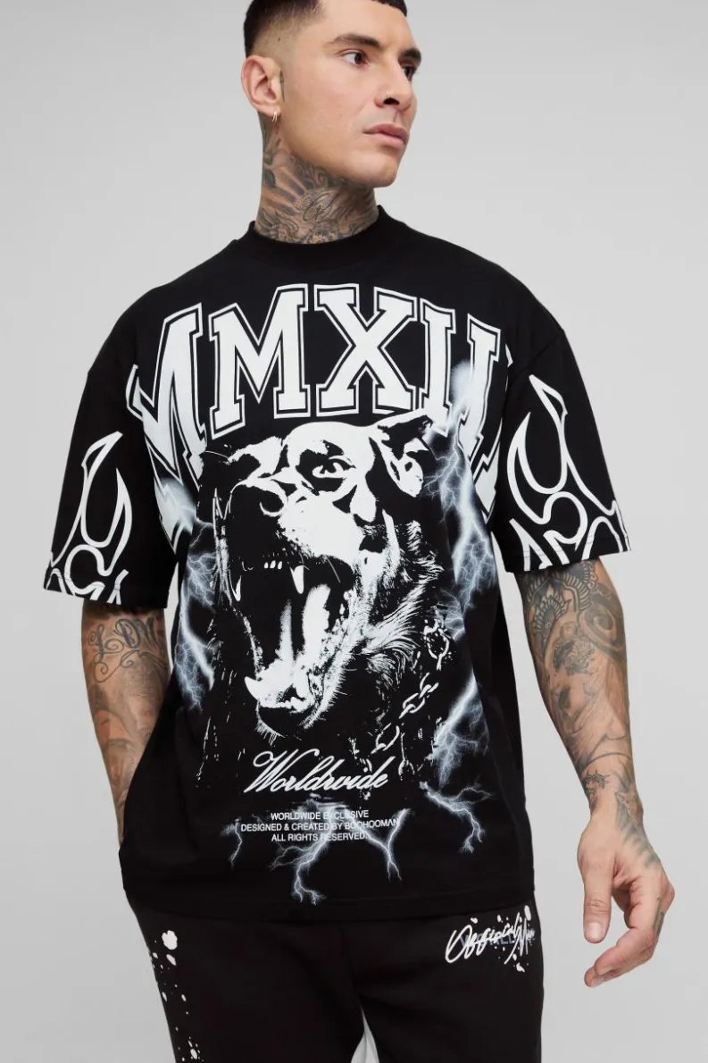 Cheap boohooMAN Tall Oversized Extended Neck MXII Large Scale Print T-Shirt black