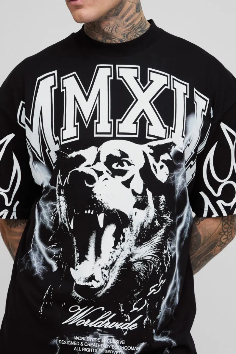 Cheap boohooMAN Tall Oversized Extended Neck MXII Large Scale Print T-Shirt black