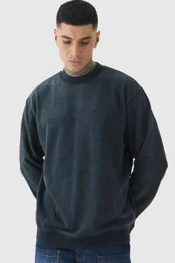 Store boohooMAN Tall Oversized Extended Neck Acid Wash Sweatshirt black