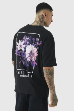 Outlet boohooMAN Tall Oversized Floral Back Graphic T-shirt black