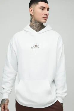 Discount boohooMAN Tall Oversized Floral Embroidered Hoodie white