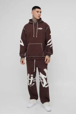 Best Sale boohooMAN Tall Oversized Man Graffiti Rope Drawcord Hooded Tracksuit chocolate