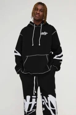Cheap boohooMAN Tall Oversized Man Graffiti Rope Drawcord Hooded Tracksuit black
