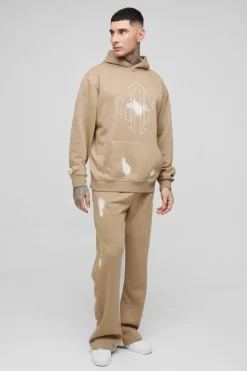Sale boohooMAN Tall Oversized Man Paint Splatter Hooded Relaxed Flare Tracksuit taupe
