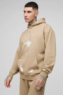 Sale boohooMAN Tall Oversized Man Paint Splatter Hooded Relaxed Flare Tracksuit taupe