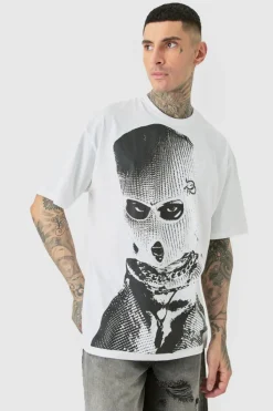 Shop boohooMAN Tall Oversized Mono Balaclava Print T-shirt In white