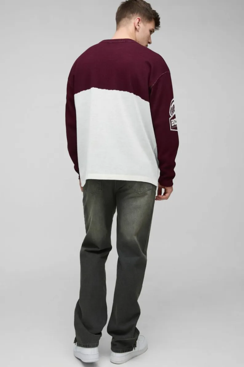 Cheap boohooMAN Tall Oversized Moto Knitted Long Sleeve T-Shirt burgundy
