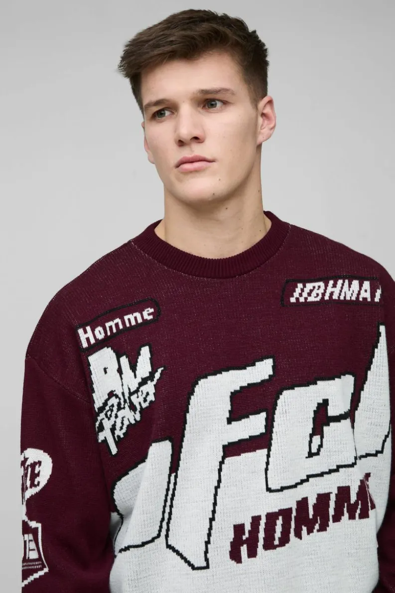 Cheap boohooMAN Tall Oversized Moto Knitted Long Sleeve T-Shirt burgundy