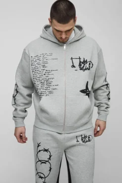 Fashion boohooMAN Tall Oversized Multi Placement Graffiti Zip Through Gusset Hooded Tracksuit grey
