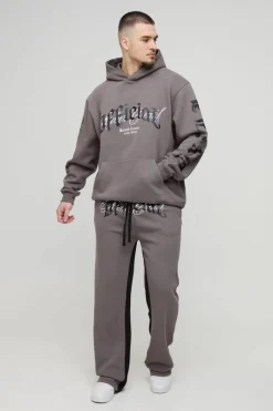 Outlet boohooMAN Tall Oversized Official Embroidery Hooded Relaxed Flare Tracksuit charcoal