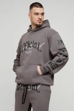 Outlet boohooMAN Tall Oversized Official Embroidery Hooded Relaxed Flare Tracksuit charcoal