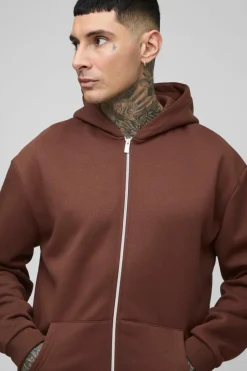 Cheap boohooMAN Tall Oversized Official Varsity Embossed Zip Through Hoodie chocolate