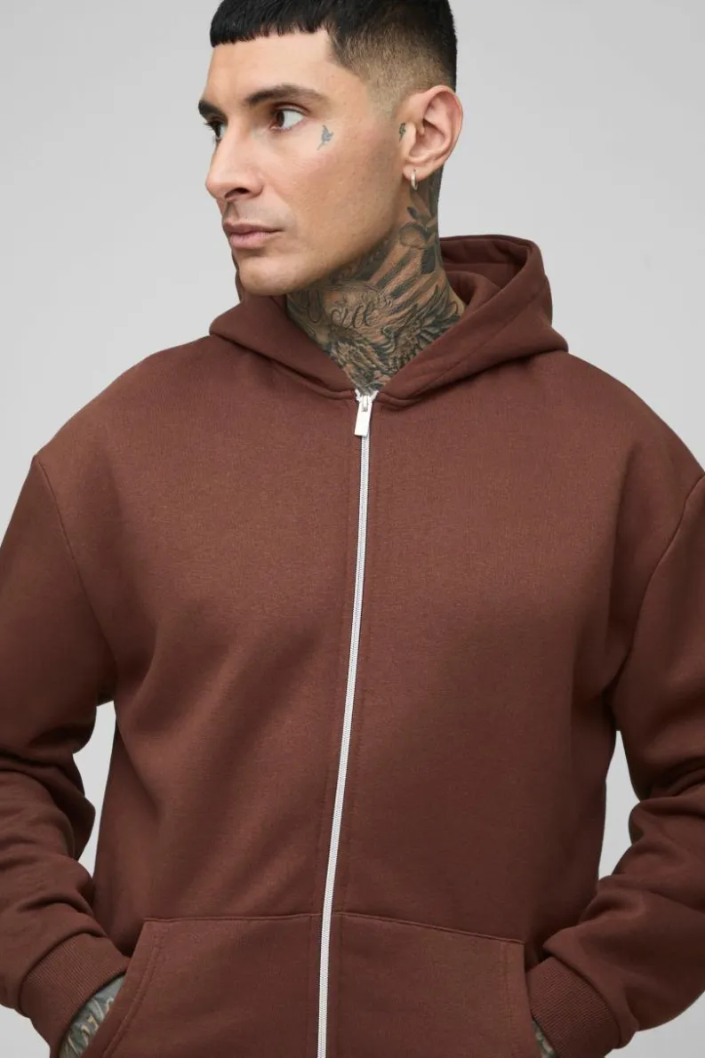 Cheap boohooMAN Tall Oversized Official Varsity Embossed Zip Through Hoodie chocolate
