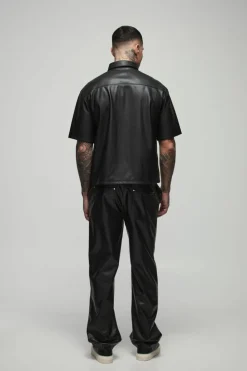 Sale boohooMAN Tall Oversized PU Pocket Detail Shirt black