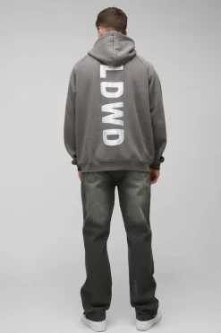 Fashion boohooMAN Tall Oversized Raglan Satin Applique WRLDWD Zip Thru Hoodie charcoal