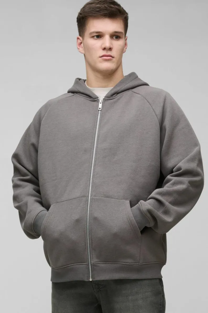 Fashion boohooMAN Tall Oversized Raglan Satin Applique WRLDWD Zip Thru Hoodie charcoal