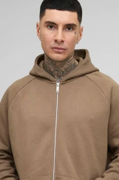 Cheap boohooMAN Tall Oversized Raglan Satin Applique WRLDWD Zip Thru Hoodie brown