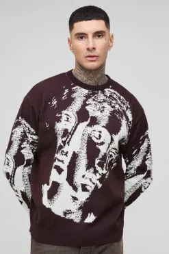 Sale boohooMAN Tall Oversized Renaissance Face Knit Jumper chocolate